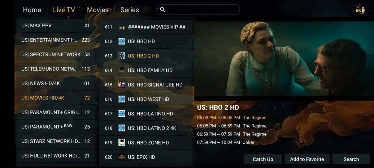 Interfaz de navegación de canales en Buho IPTV