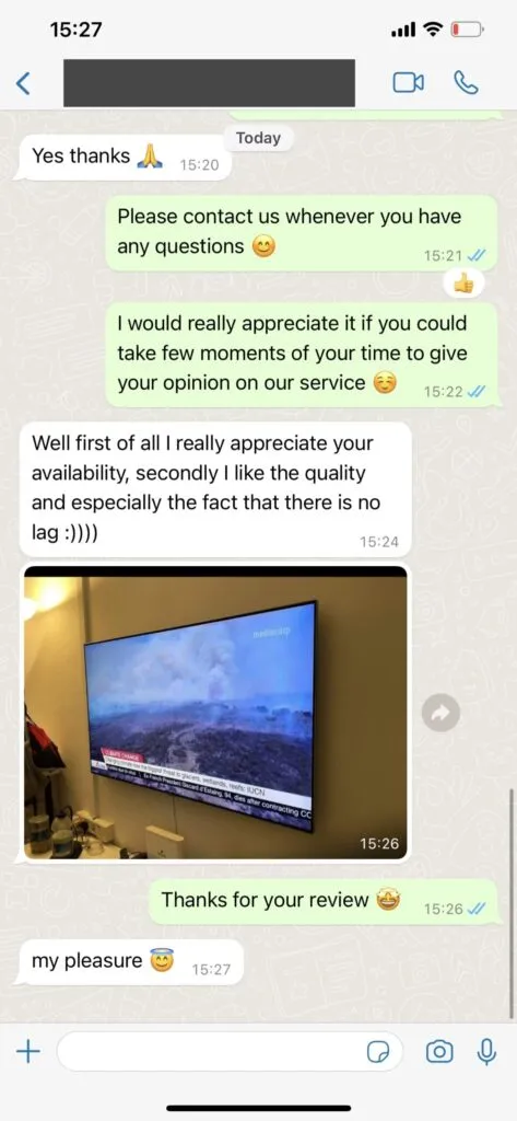 Conversación de cliente satisfecho con Buho IPTV